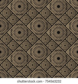 Islamic vector design. Seamless pattern oriental ornament. Black and golden textile print. Floral tiles.