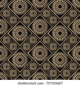 Islamic vector design. Seamless pattern oriental ornament. Black and golden textile print. Floral tiles.