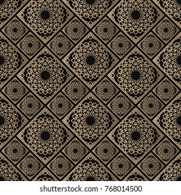 Islamic vector design. Seamless pattern oriental ornament. Black and golden textile print. Floral tiles.
