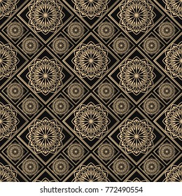 Islamic vector design. Seamless pattern oriental ornament. Black and golden textile print. Floral tiles