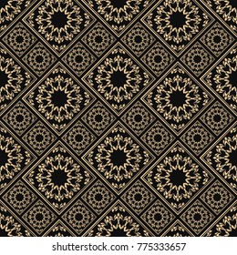 Islamic vector design. Seamless pattern oriental ornament. Black and golden textile print. Floral tiles.