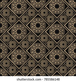 Islamic vector design. Seamless pattern oriental ornament. Black and golden textile print. Floral tiles.