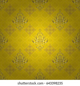 Islamic vector design. Yellow and golden vintage textile print. Gold tiles with floral motif. Seamless pattern oriental ornament.