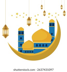 Islamic Vector with Golden Mosque, Crescent Moon, and Arabic Patterns for Ramadan Eid