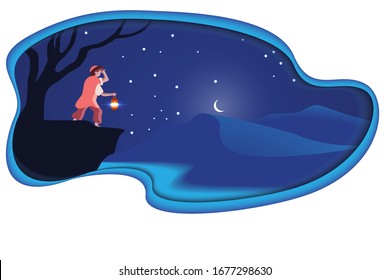 an islamic vector graphic graphic with people holding lantern, desert and crescent moon view, best for islamic events
