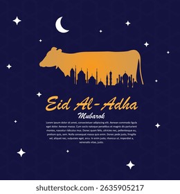 Islamic vector greeting card design featuring cow silhouette, crescent moon, and decorative stars for Eid al-Adha celebration. Perfect for qurban festival.