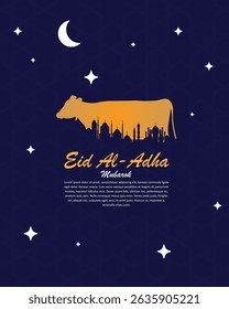 Islamic vector greeting card design featuring cow silhouette, crescent moon, and decorative stars for Eid al-Adha celebration. Perfect for qurban festival.