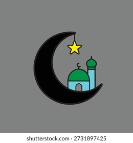 Ilustración vectorial islámica con una luna creciente con una mezquita y una estrella. Diseño de estilo plano limpio adecuado para Ramadán, Eid, eventos islámicos, contenido religioso, carteles, Anuncios, App, Web y uso de impresión. Aislado sobre fondo neutro.