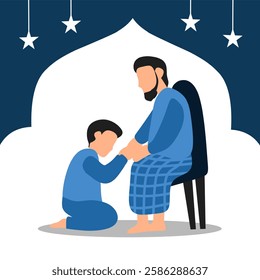 An Islamic vector illustration featuring a father and son in traditional attire celebrating Eid al-Fitr. The father is sitting on a chair while the son kneels before him, showing respect