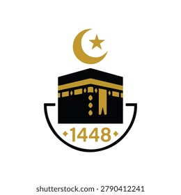 Islamic vector illustration featuring the Kaaba, a crescent moon, star, and the number 1448, symbolizing religious significance.