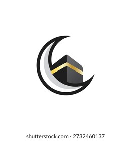 Islamic vector illustration of the Holy Kaaba in Mecca surrounded by a crescent moon
