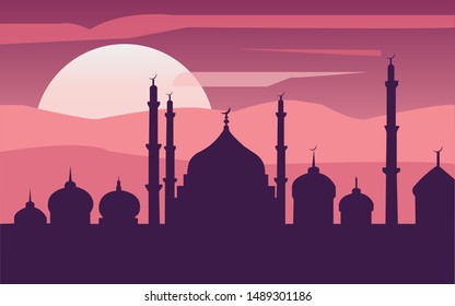 Islamic Vector Illustration of a mosque silhouette with beautiful sunset and clouds view