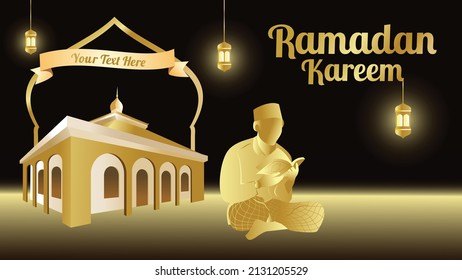 Islamic vector illustration for Ramadan in the form of an image of a mosque in gold for greeting cards, banners, posters and social media status themed Muslim and Ramadan