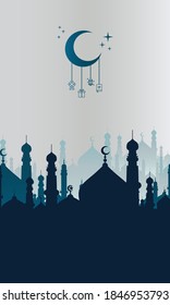 Islamic vector illustration template with colorful background. including mosques, minarets, stars, moon and others. good for cards, banners, flyers, web, social media, and more.