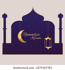 Islamic vector illustration. Template design of Ramadan Kareem greeting card with mosque silhouette and with gold moon and lantern.