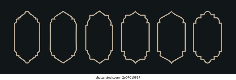 Islamic vector liner shape of a window or door arch. Outline frame set. Ramadan kareem silhouette icon. Mosque gate. Islamic arabesque pattern. Arabian muslim shape arch