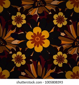 Islamic vector oriental background with abstract flowers. Yellow, black and red stained glass vitrage. Seamless pattern morrocan ornament. Floral textile print.