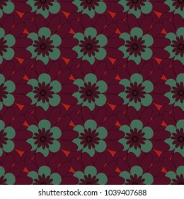 Islamic vector oriental background with abstract flowers. Floral textile print. Green, brown and purple stained glass vitrage. Seamless pattern morrocan ornament.