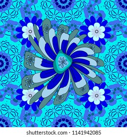 Islamic vector oriental background with abstract flowers. Floral textile print. Seamless pattern morrocan ornament. Blue, black and neutral stained glass vitrage.
