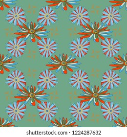 Islamic vector oriental background with abstract flowers. Floral textile print. Seamless pattern morrocan ornament. Green, blue and orange stained glass vitrage.