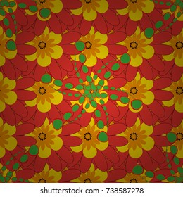 Islamic vector oriental background with abstract flowers. Seamless pattern morrocan ornament. Floral textile print. Red, yellow and green stained glass vitrage.