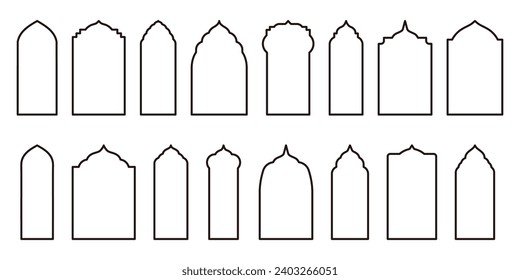 Islamic Vector Outlines Shapes Illustrating Window and Door Arches. Arab Frames Set with Ramadan Kareem Icons. Elegant Mosque Gate Illustrations.