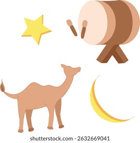 Islamic Vector Set with Camel, Crescent Moon, Star, and Bedug Drum – Eid al-Adha and Ramadan Illustration Elements