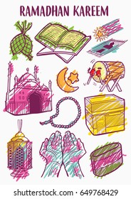 Islamic vector set doodle art of Ramadan Kareem or Eid Mubarak Event
