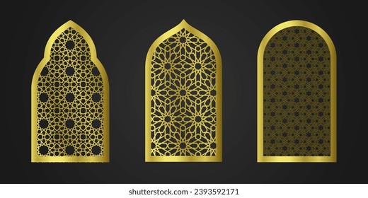Islamic vector shape of window arch in gold color. Arabic frame set.