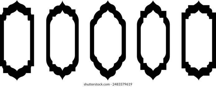 Islamic vector shape of a window or door arch. Arab frame set. Ramadan kareem silhouette icon. Mosque gate. Islamic arabesque pattern. Arabian muslim shape arch