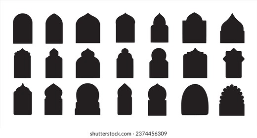 Formas vectoriales islámicas de una ventana o arco de puerta. Forma la puerta islámica y la silueta de la ventana arco árabe. Colección de patrones de estilo oriental. Marcos de diseño árabe musulmán para Ramadan Kareem.