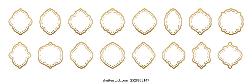 Islamic vintage frames outline with gold gradient isolated on transparent background. Lines shapes ornate, badges, labels set. Frames in Arabic Muslim design for Ramadan Kareem. Mosque gate shape