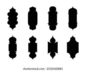 Islamic vintage label frames set - Blank decorative retro badges and emblems. Islamic shape set with white stroke blank template in black color vector illustration.