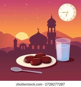 Islamic Waiting For Iftar Time Concept Vector with Mosque Silhouette at Sunset, Dates and Water Flat Illustration for Ramadan Apps, Posters, and Religious Greeting Cards.