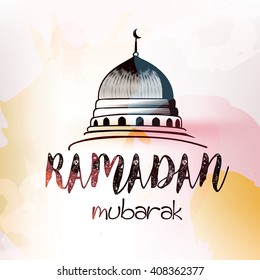 Islamic wallpaper design with creative mosque dome and stylish text on colorful background for holy month of Ramadan Kareem.