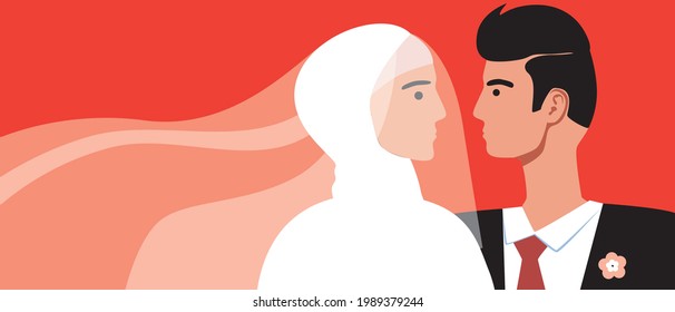 Boda islámica, plantilla de espacio de copia. Ilustración de material vectorial plano. Boda de un hombre, una mujer con hiyab. Bodas de recién casados o parejas, cultura islámica. Ilustración para el diseño
