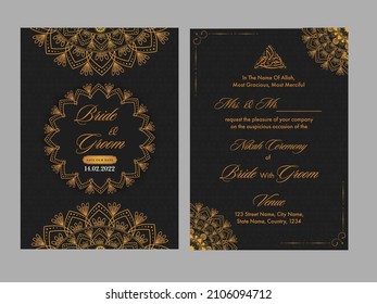 Islamic Wedding Invitation Card With Mandala Pattern In Black And Orange Color.