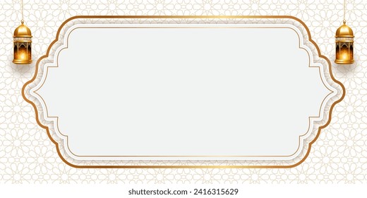 Islamic white ramadan kareem eid mubarak arabic golden banner text box frame background banner design illustration. Translation. "Muslim fasting month and celebration day after fasting."