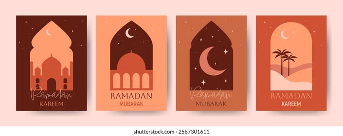 Islamic window, arch with different view in boho style card set . Poster in oriental style with modern design. Collection cards with frames with arabic muslim landscape for Ramadan Kareem