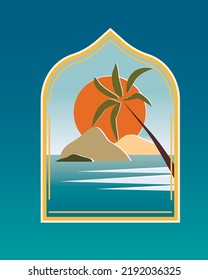 Islamischer Fensterbogen im orientalischen Stil in modernem Boho Design Hintergrund Landschaft mit Sonne, Bergen, Palmen, Meer. Erdtöne, Aquamarine, Pastelltöne. Wanddekoration Moderne minimalistische Kunst 