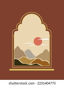 Islamic window arch in oriental style in modern bohemian background landscape design with sun, mountain landscape. earthy tones, pastel shades. Wall Decoration Modern Minimalist Art