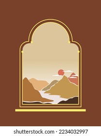 Arco de ventana islámico de estilo oriental en diseño de paisaje bohemio moderno con sol y paisaje montañoso. tonos de tierra,
tonos pastel. Decoración mural Arte modernista moderno