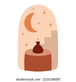 Islamic window and arch poster in oriental style with modern boho style design, moon, stars. Vector illustration.