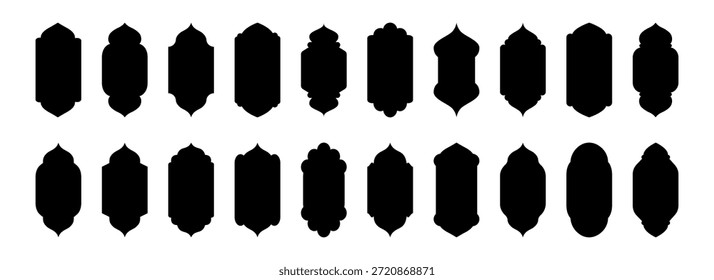 Conjunto de siluetas islámicas de ventanas y arcos. Marcos arquitectónicos árabes que reflejan la tradición musulmana y la atmósfera del Ramadán. Ilustración vectorial.