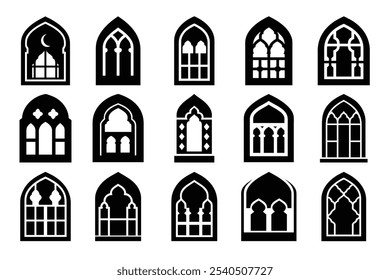 Colección de forma de silueta negra de ventana islámica | Patrones islámicos tradicionales y Diseños de ventana.