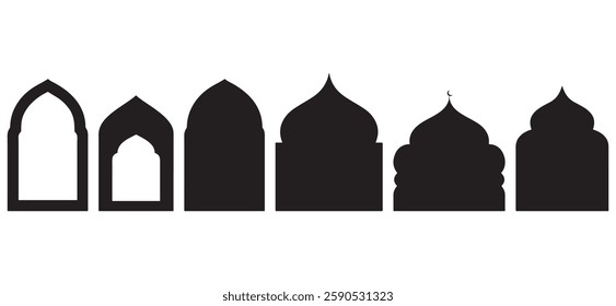 Islamic window black silhouette shape collection. Frames and arabian arch silhouette in oriental style. Ramadan kareem frames. Muslim architecture design elements.