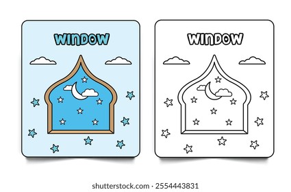 Islamic window coloring page card line art and illustration for kids isolated on white background