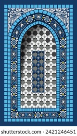 Islamic Window decoration of the Dome of the Rock Mosque with colorful tiled windows, and geometric arabesque patterns, designed for the Isra and Miraj Celebration.