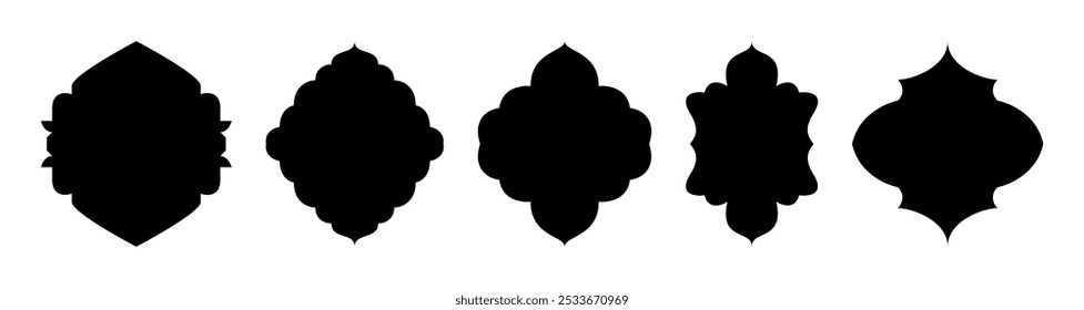 Islamic window, door arch set with Moroccan and Arabic patterns. Mosque gate shapes for Ramadan Kareem. Lantern silhouette elements, editable vector style. Transparent background, social media design