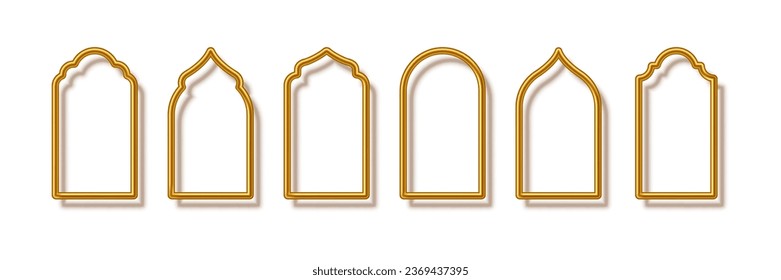 Islamic window or door arch shape vector. Muslim arab gold frames collection isolated on white background. Mosque gates, arabesque patterns.